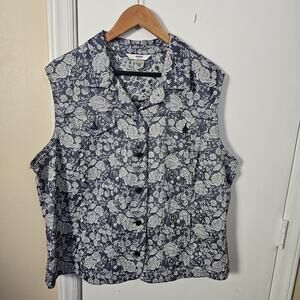 AOP Rose Floral Blue Jean Denim Vest Size 18 W Pockets Stretch Bloomcore Cottage